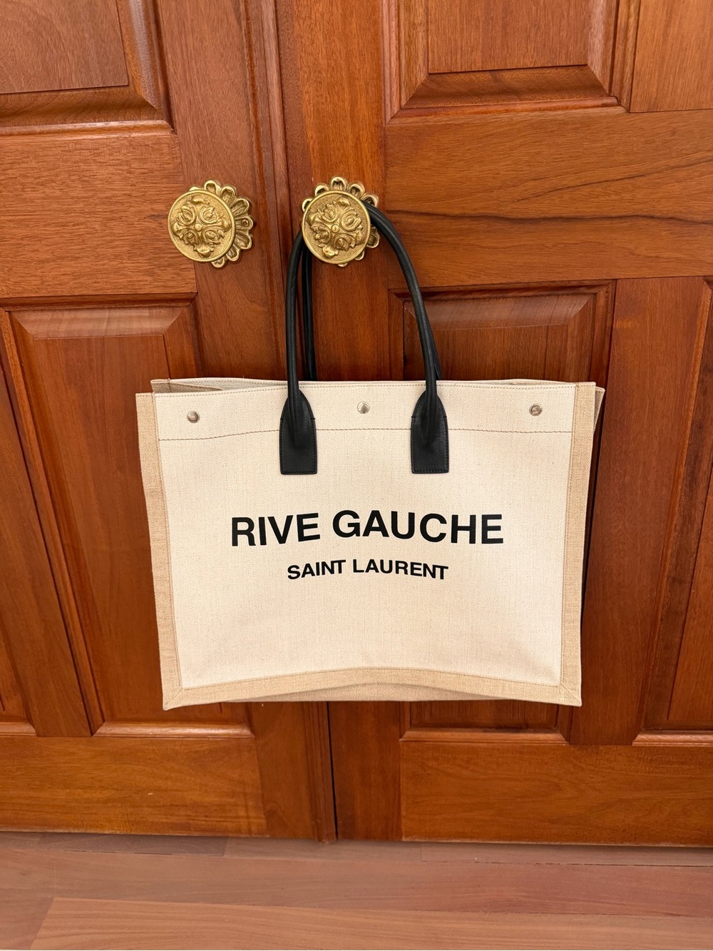 NWOT Yves Saint Laurent Beige Canvas Rive Gauche Tote with Black Handles